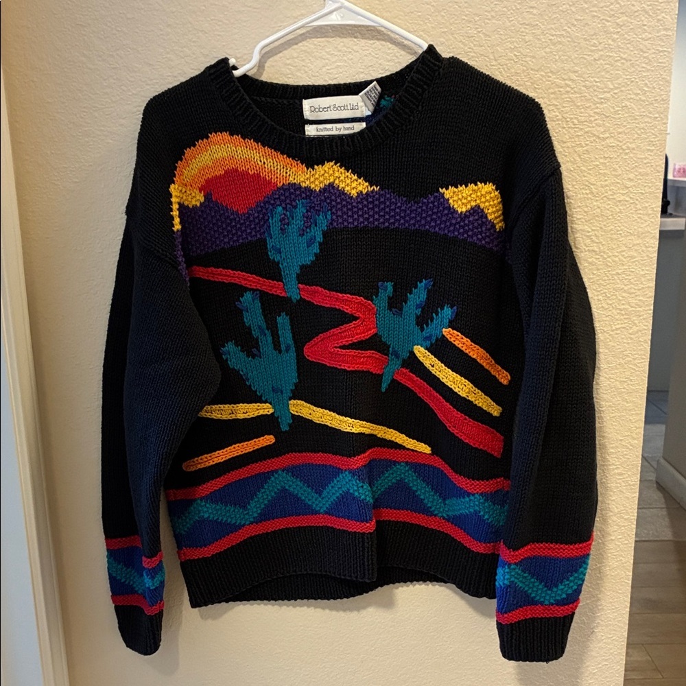 Robert Stock Women's Black Sweater with Vibrant Desert Design